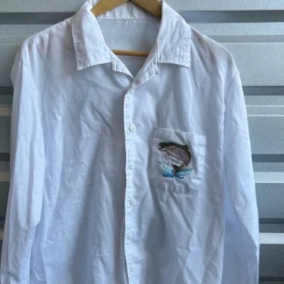 Vintage 70's Fish Button Up Shirt Large L Retro Embroidered Fishing Shirt Nature - Picture 1 of 6